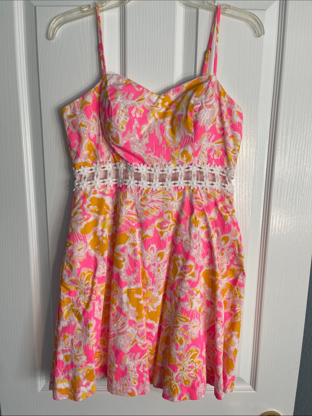 Lilly Pulitzer Pink & Yellow Floral Midi Dress with Crochet Waist
